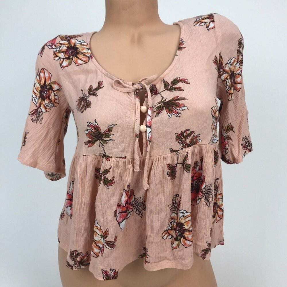 Seek The Label Floral Print Button Up Short Sleeve Crop Top Peplum Ruffle SZ S